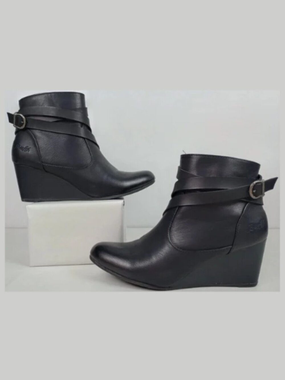 Blowfish Malibu Womens 9 Black Buckle Strap Faux Leather Wedge Booties